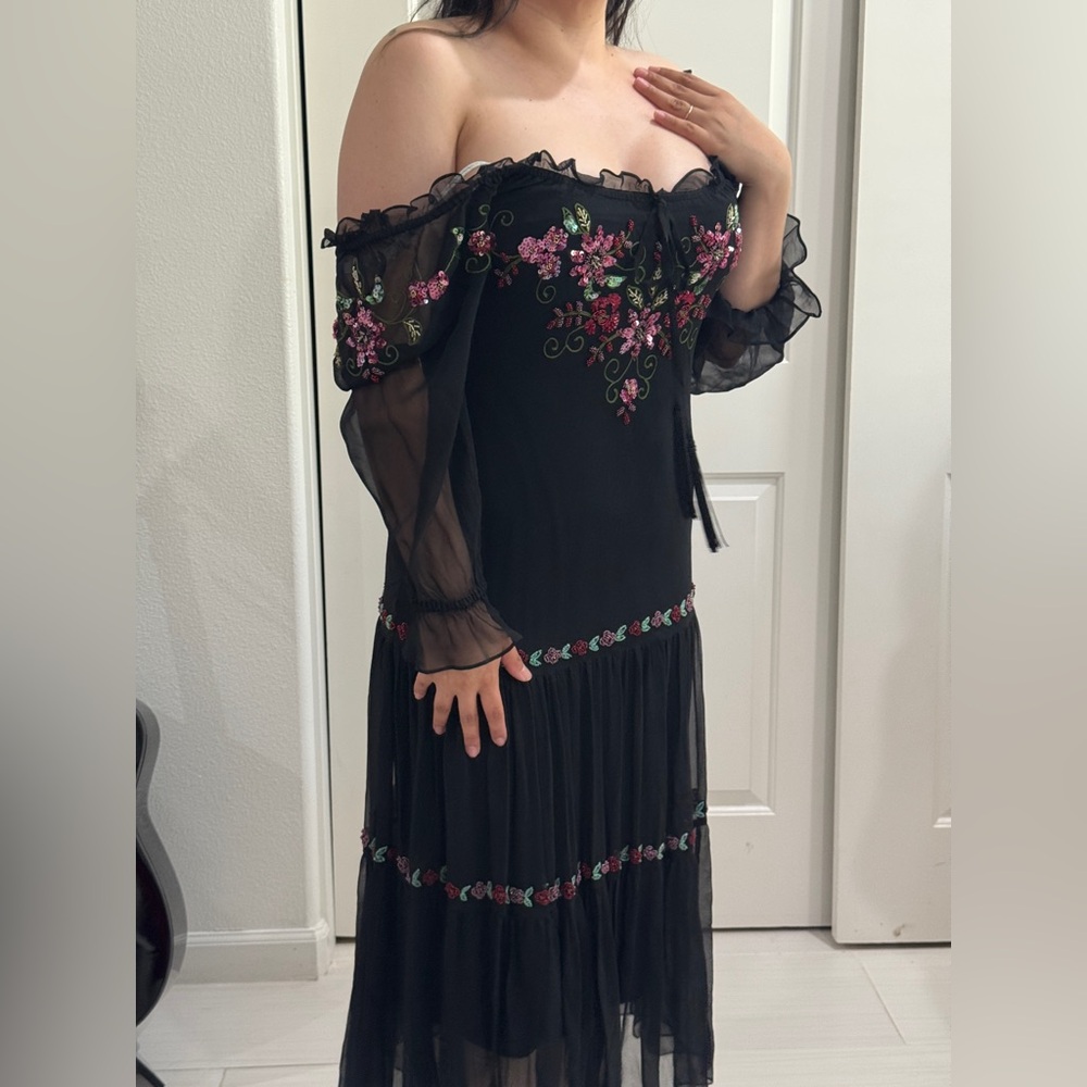 Sue Wong Black Silk Gown with Floral Accents